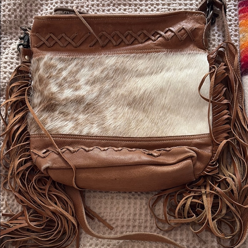 Brown and Cream Leather Fringe Bag
